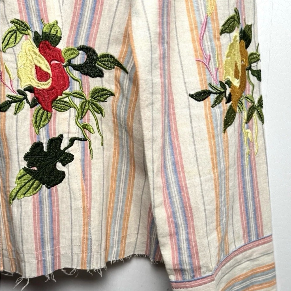 AZI Embroidered Stripe Blouse Western Boho Floral Detail Raw Hem M - Picture 6 of 13